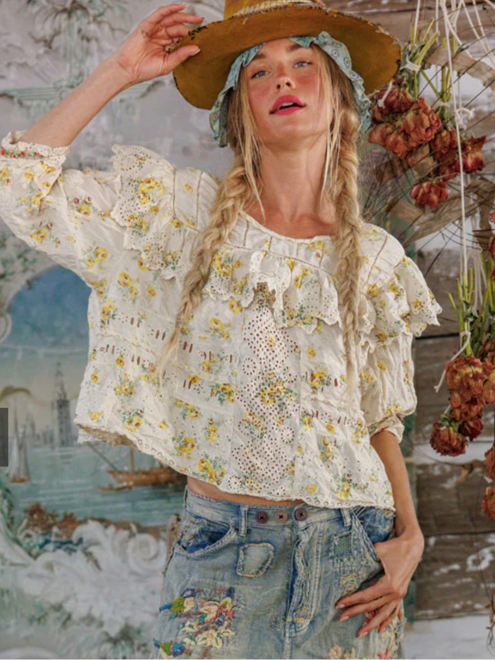 Magnolia Pearl Eadred Eyelet Blouse Floral Ruffle 1283 In Lauretta